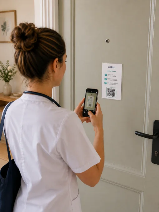 A nurse scanning the Aideo QR code at an older person’s home