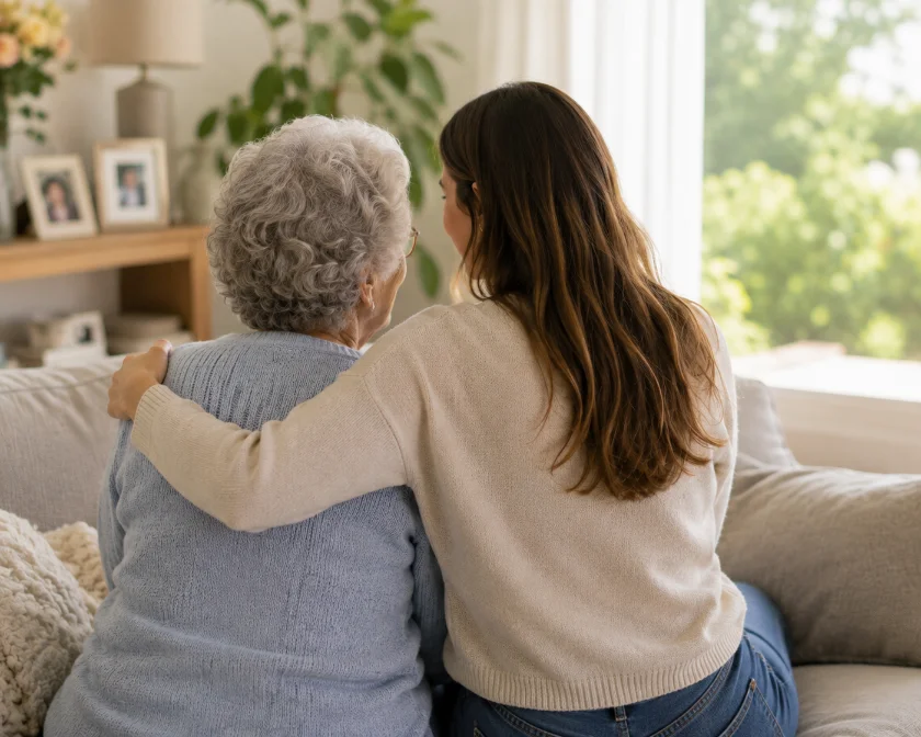 A serene older person at home